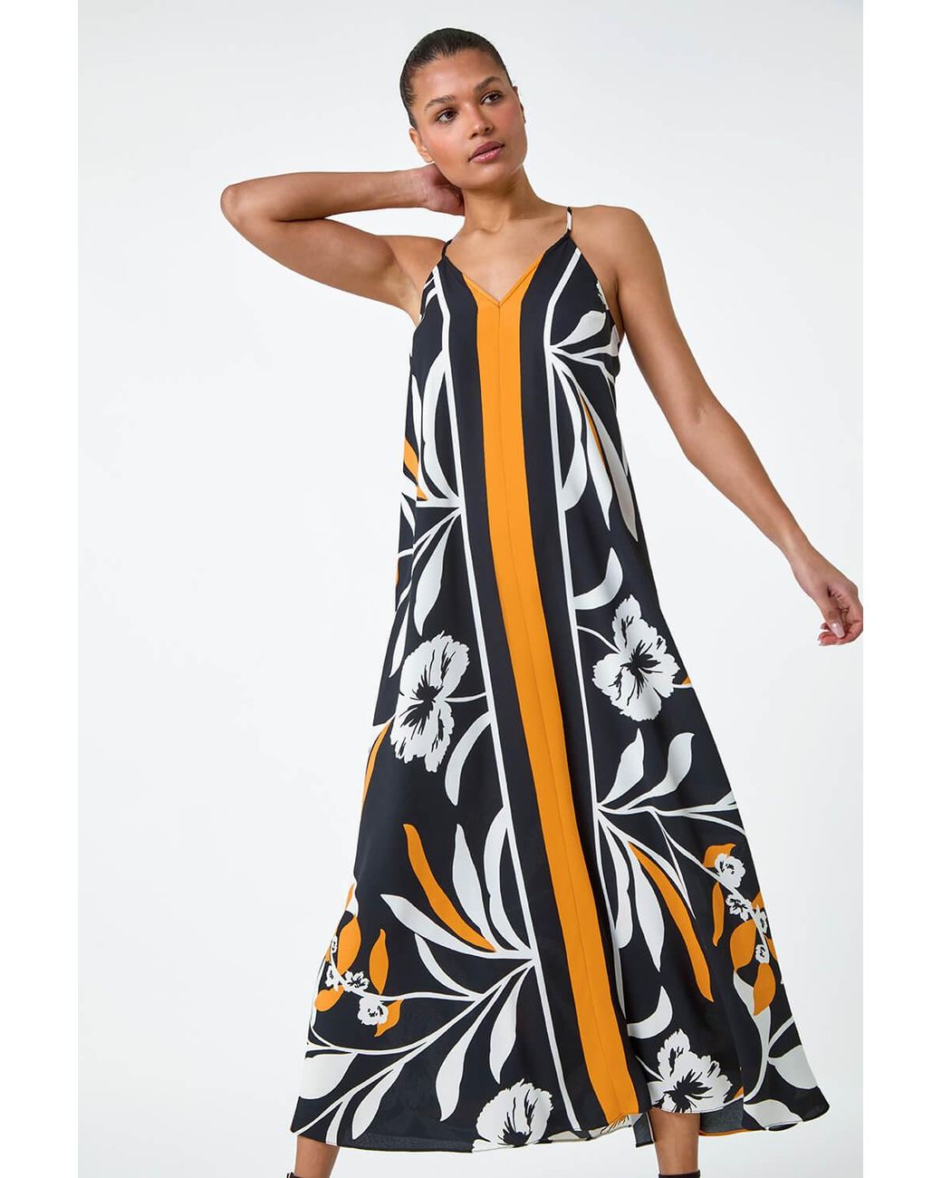 Roman White Floral Border Print Strappy Trapeze Dress
