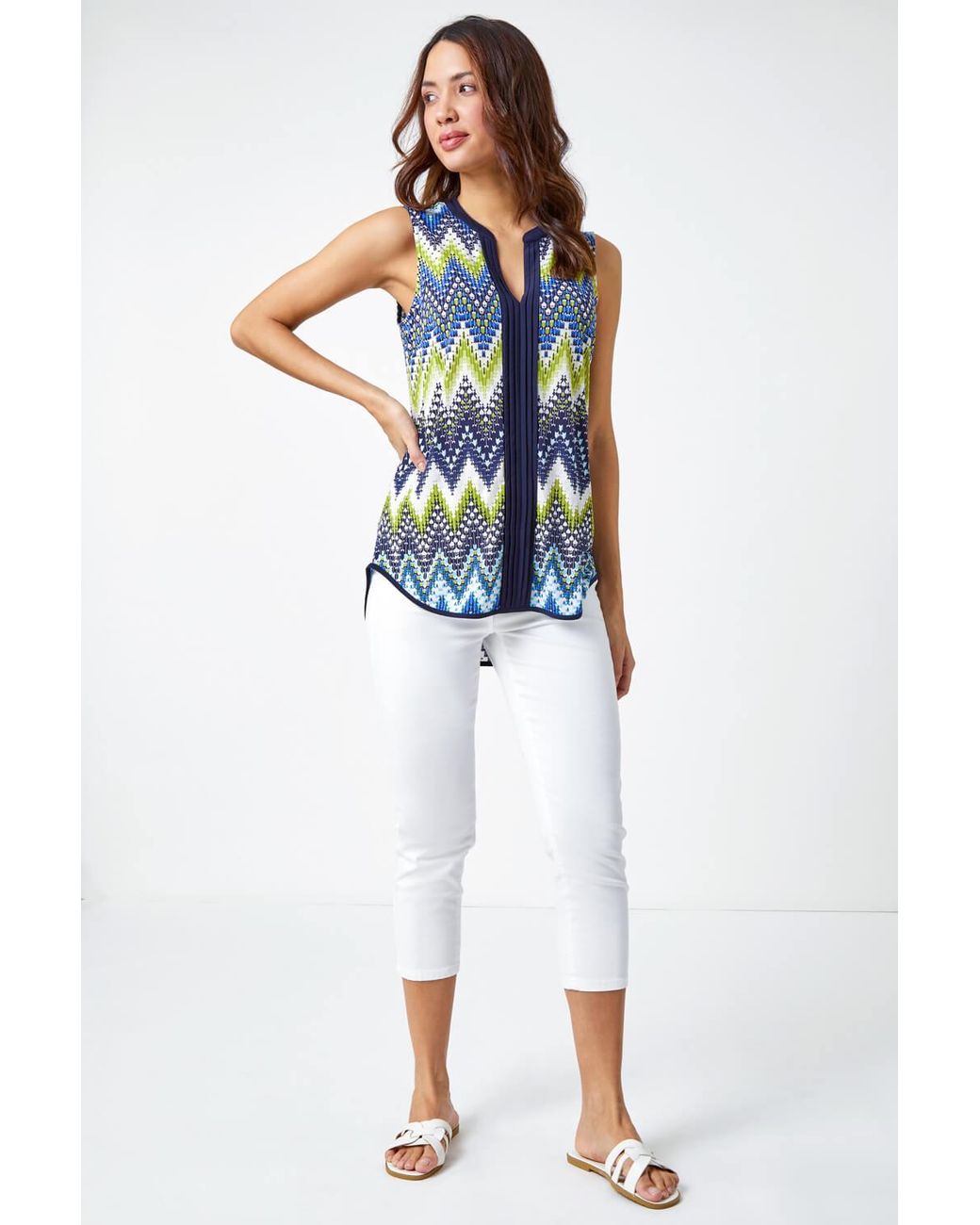 Roman Blue Zig Zag Notch Neck Jersey Top