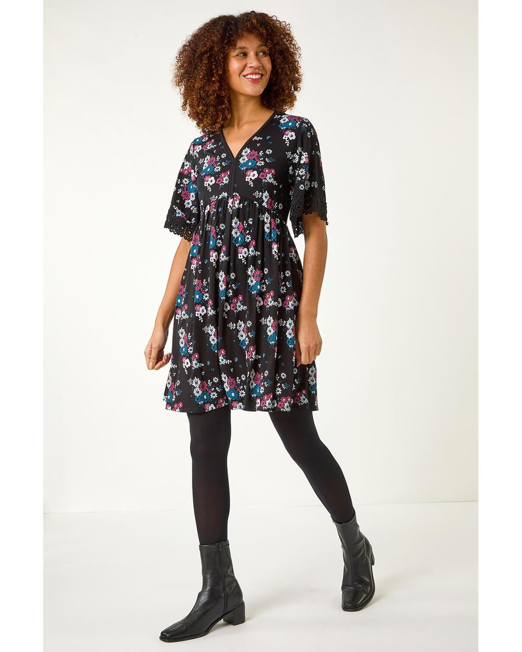Roman Black Lace Trim Floral Dress