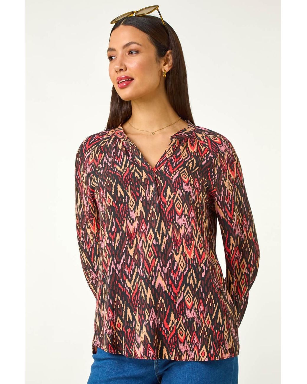 Roman Orange Aztec Print V-Neck Top