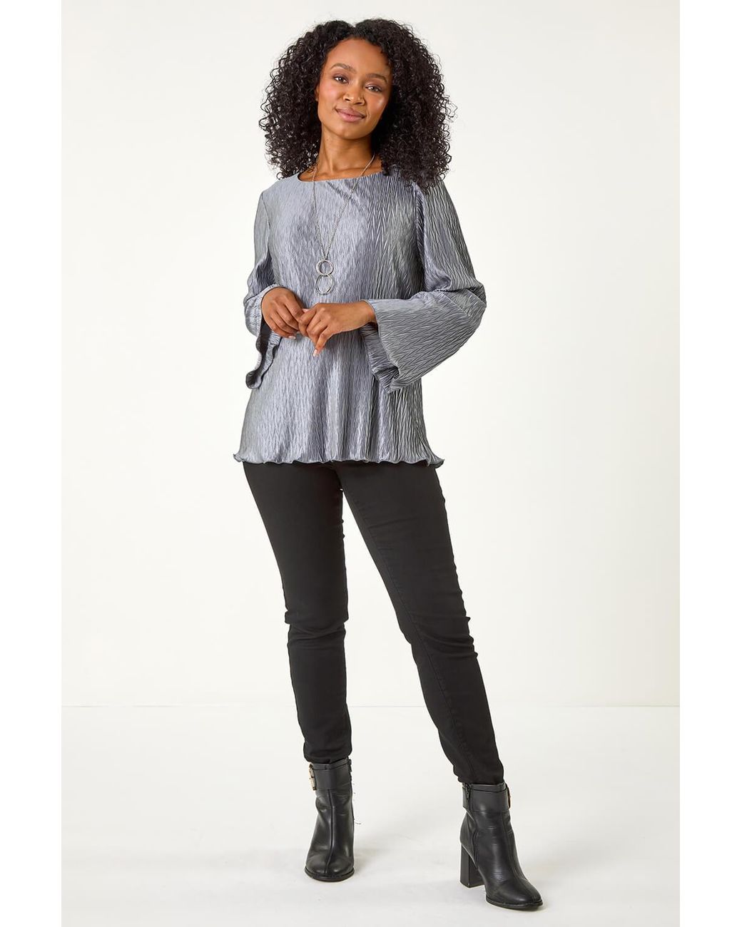 Roman Petite Gray Pleated Necklace Top