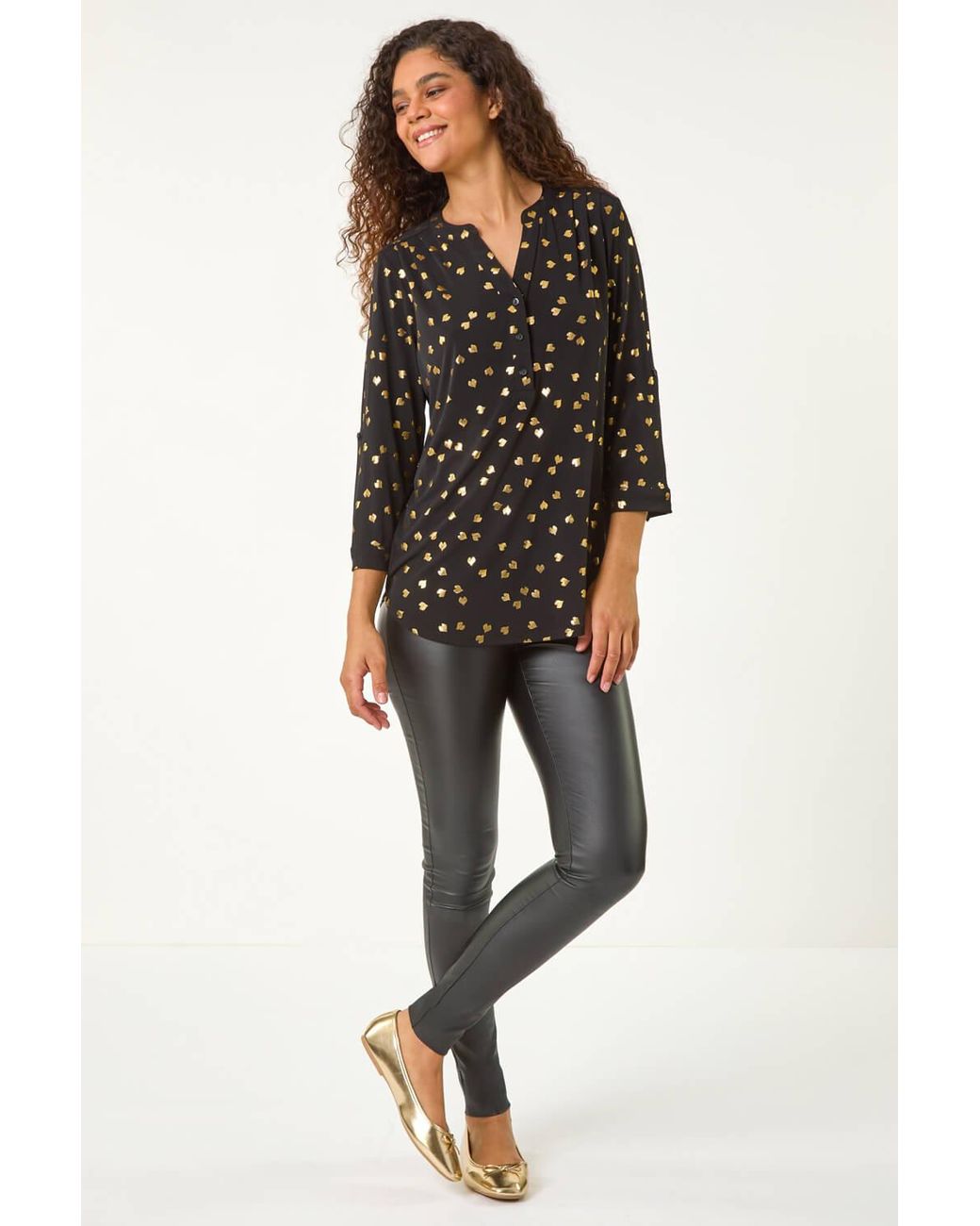 Roman Black Foil Heart Placket Stretch Top