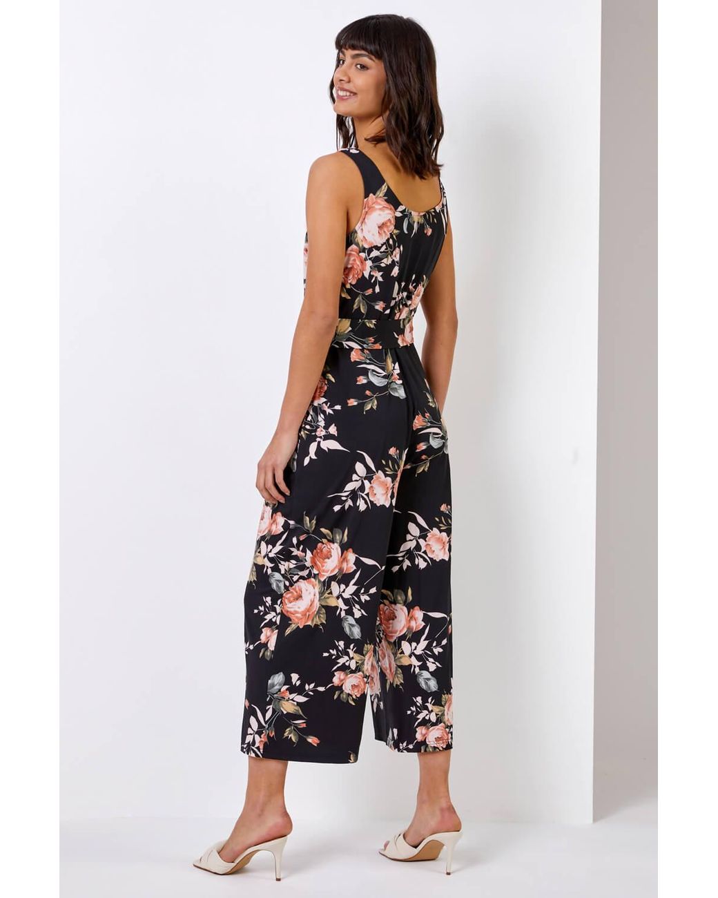 Roman Black Floral Stretch Cropped Leg Jumpsuit