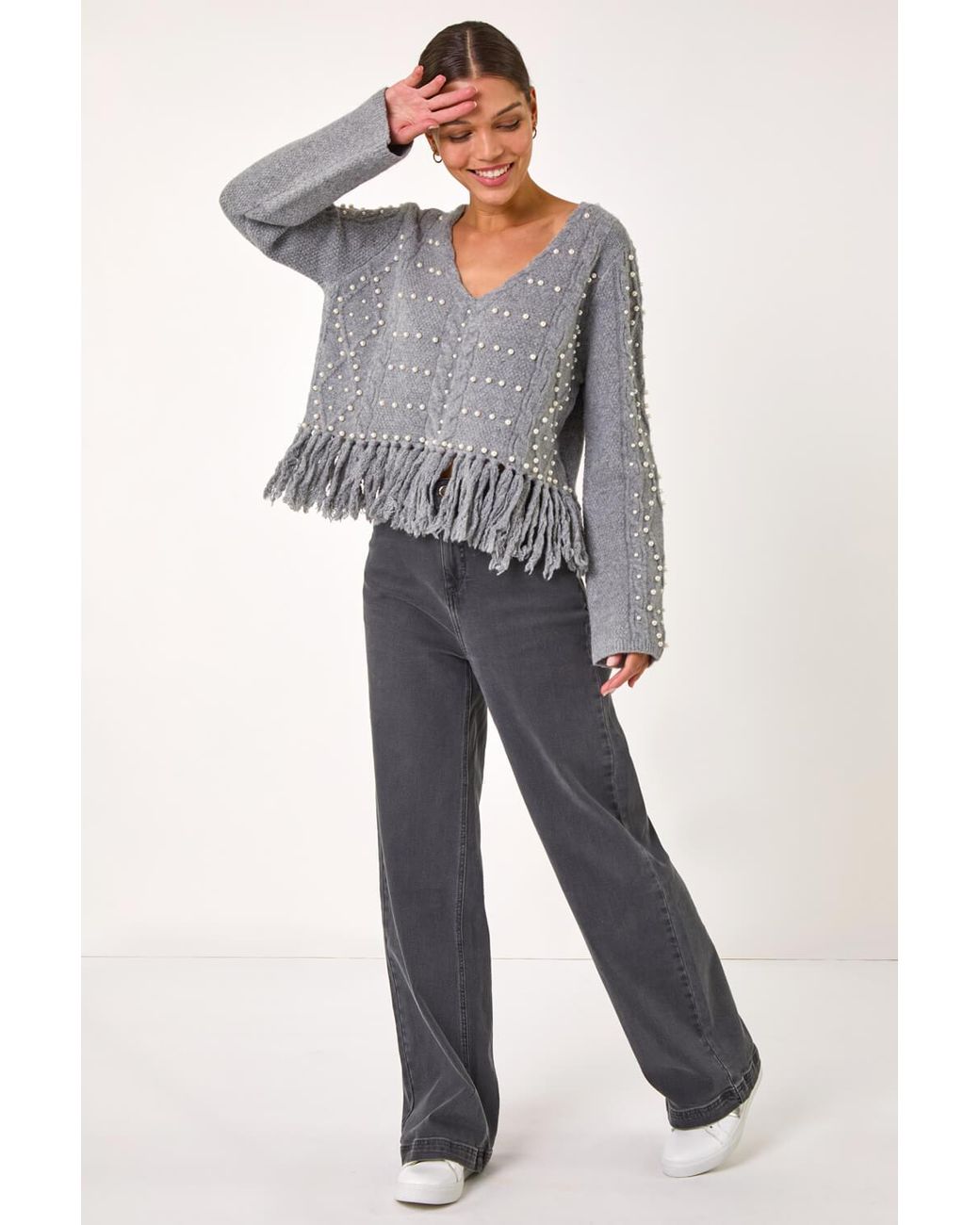 Roman Gray V-Neck Fringe Textured Jumper