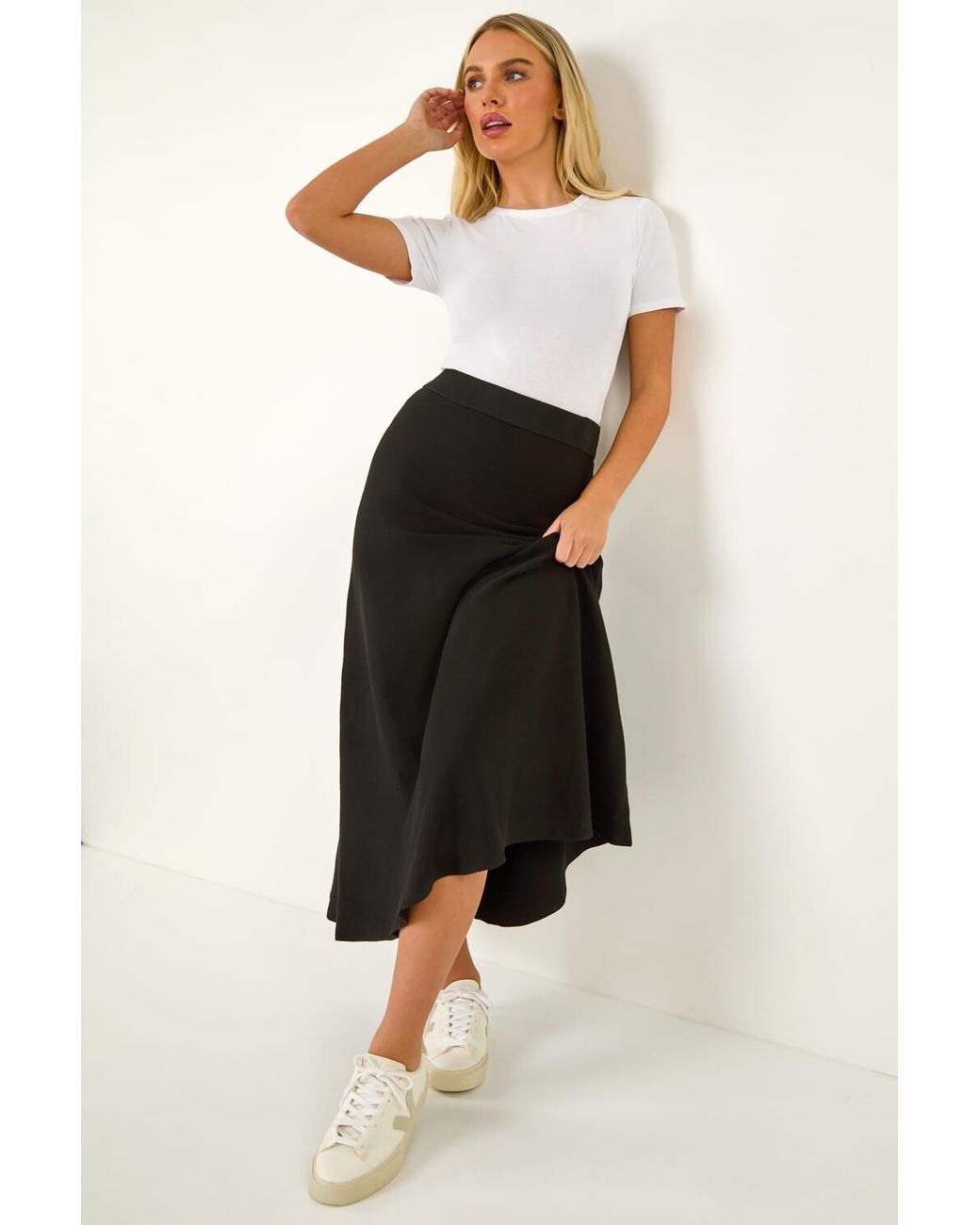 Roman Petite Black Stretch Knitted Midi Skirt