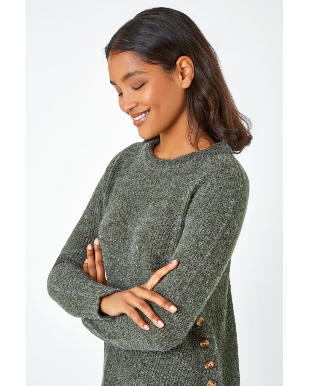 Roman Blue Button Detail Curved Hem Jumper