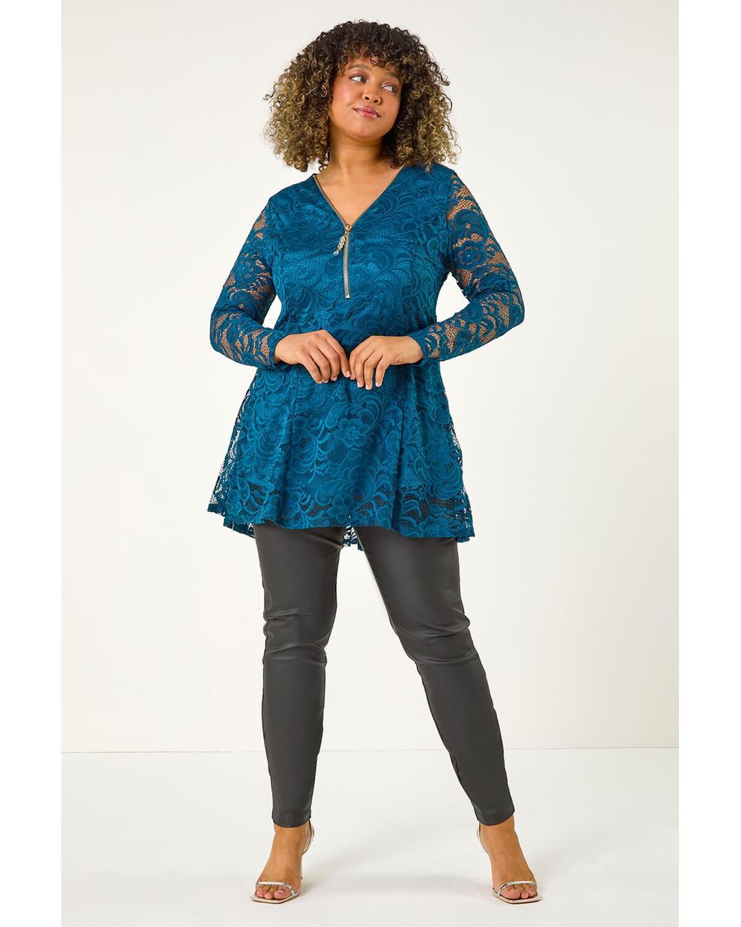 Roman Curve Blue Zip Front Lace Stretch Top