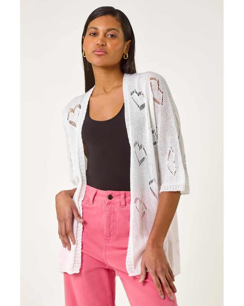 Roman Pink Pointelle Heart Knit Cardigan