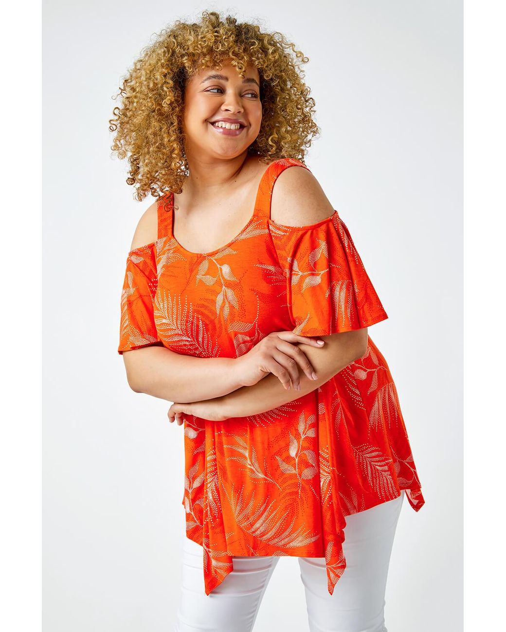 Roman Curve Red Leaf Print Cold Shoulder Top
