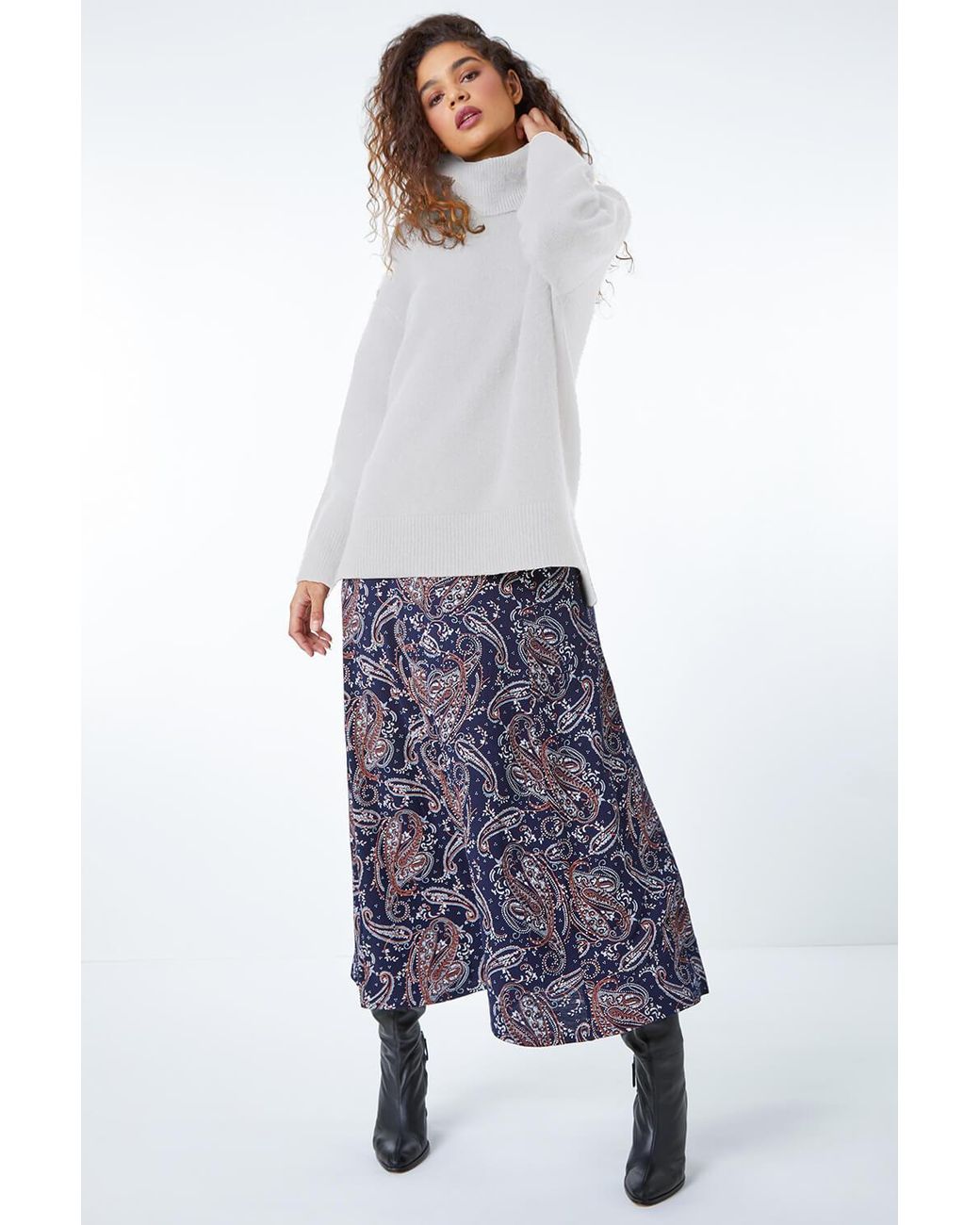 Roman Black Paisley Print Elastic Waist Midi Skirt