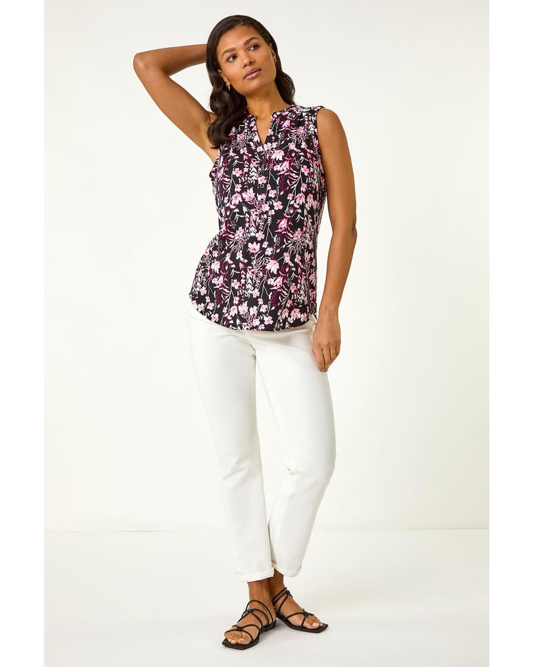 Roman Pink Textured Floral Print Stretch Vest Top