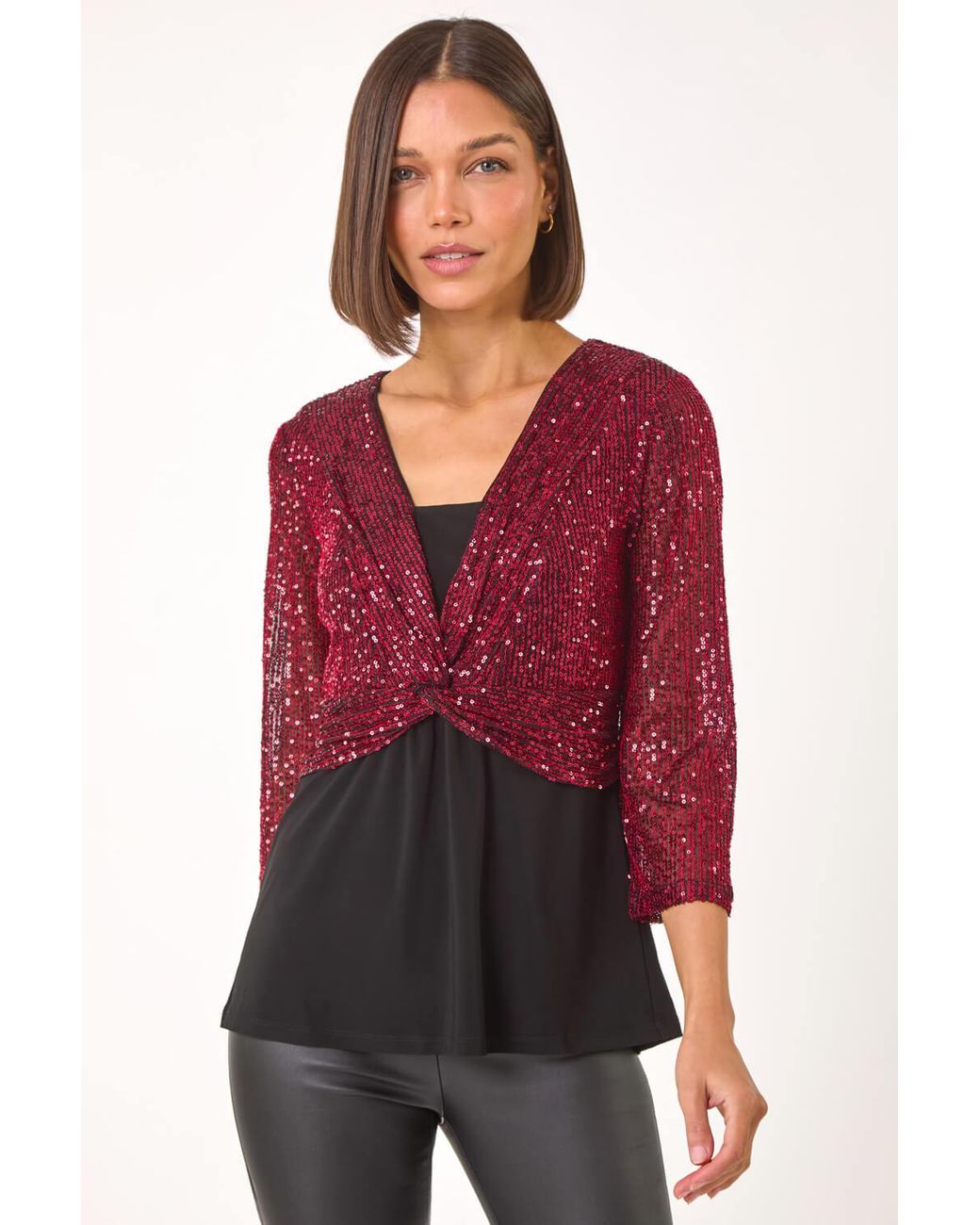 Roman Red Sequin Bodice V-Neck Stretch Top
