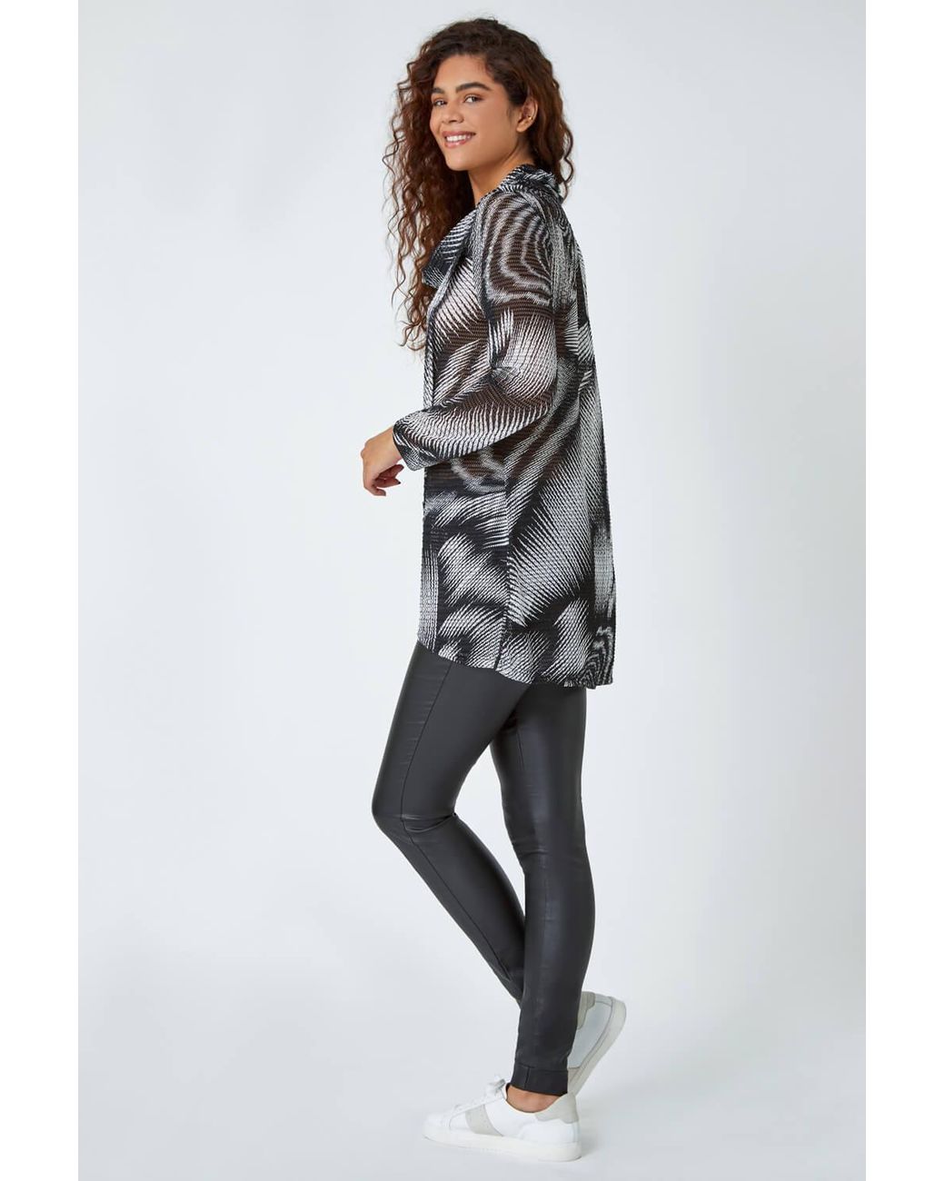 Roman Gray Abstract Print Cowl Neck Stretch Tunic Top