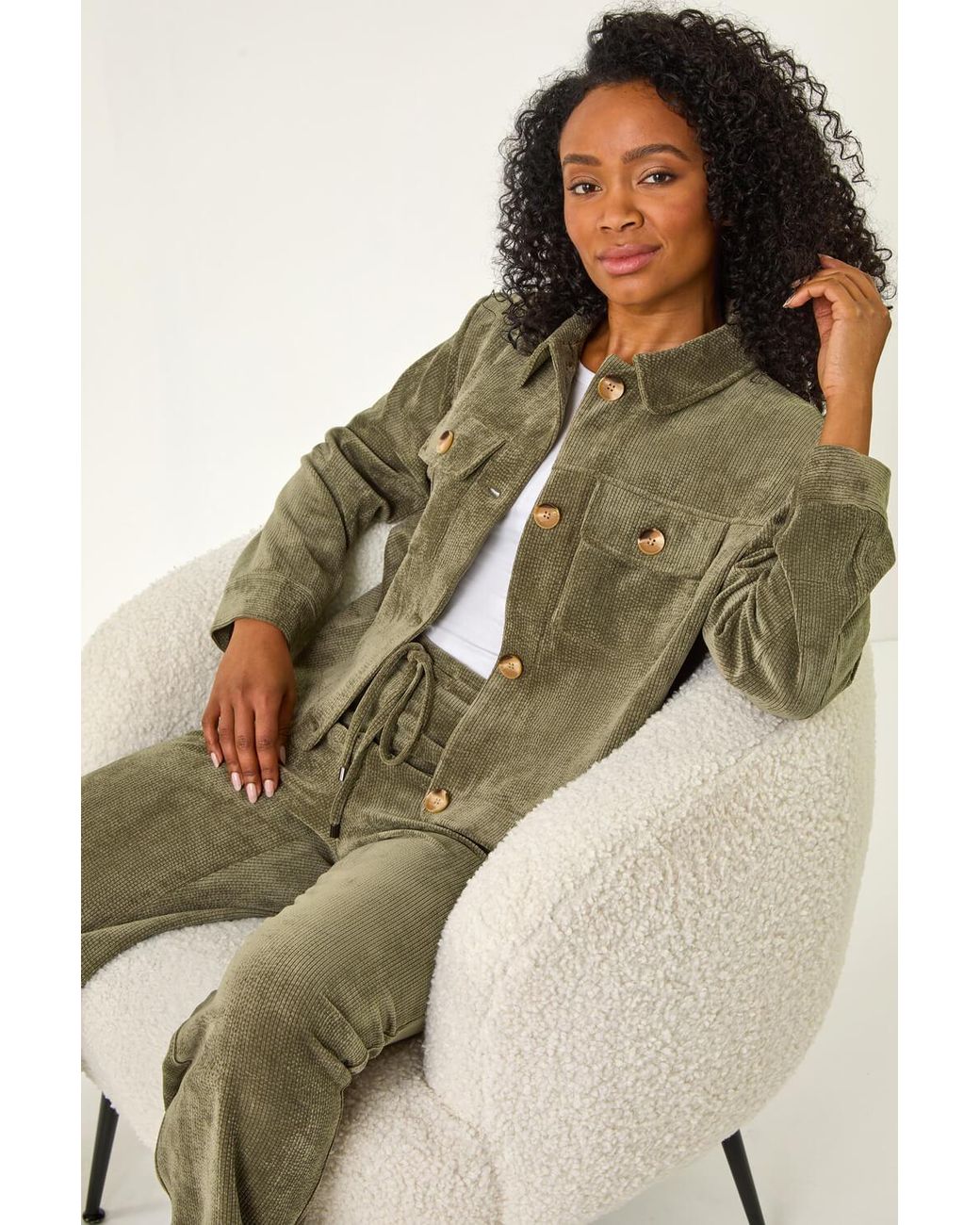 Roman Petite Green Corduroy Button Jacket
