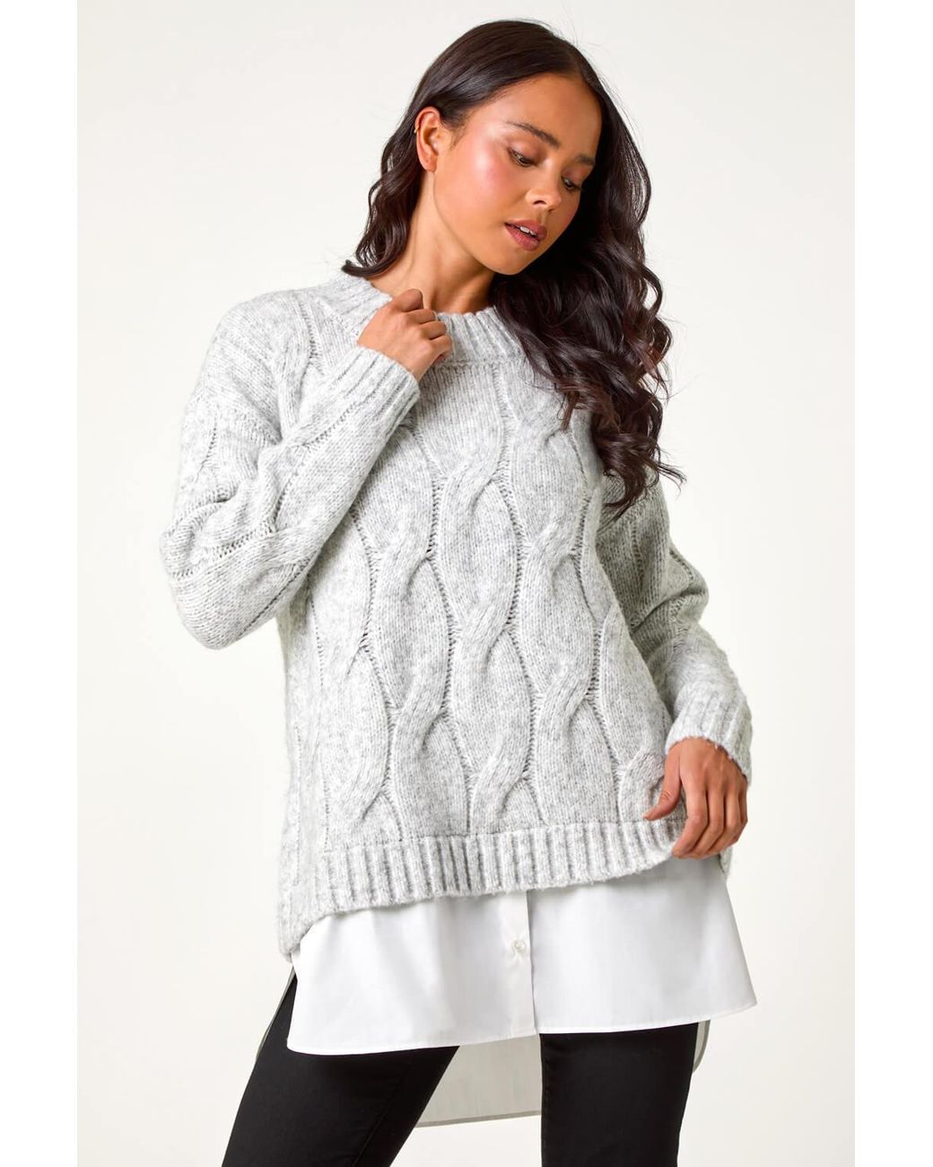 Roman Petite White Cable Knit Mock Shirt Jumper
