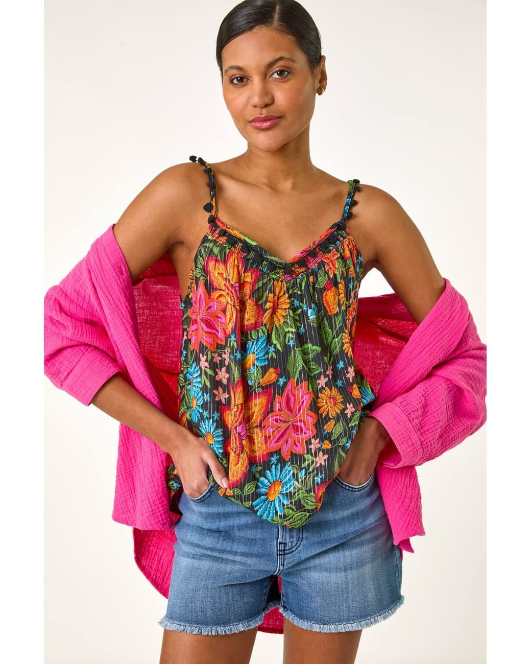 Roman Red Floral Printed Pom Pom Cami Top