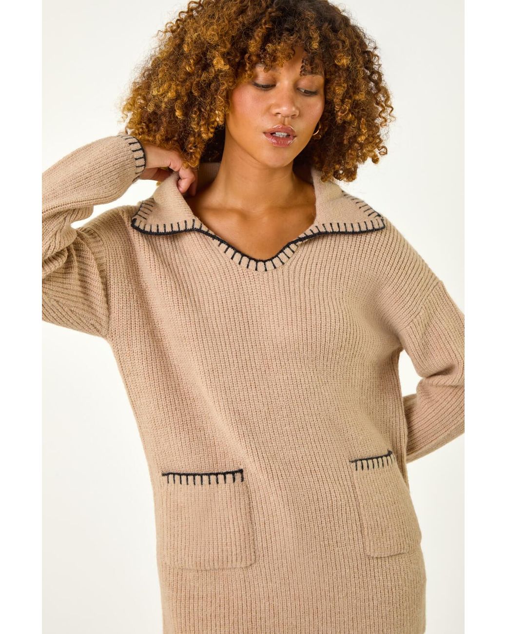 Roman Natural Blanket Stitch Collared Jumper
