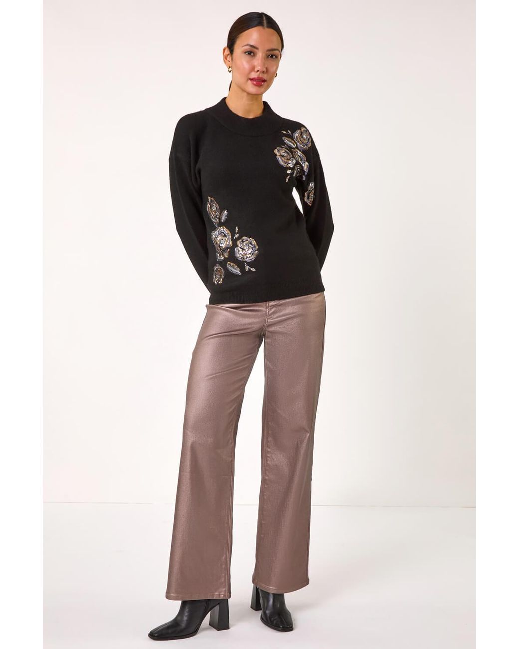 Roman Black Floral Sequin Knit Jumper