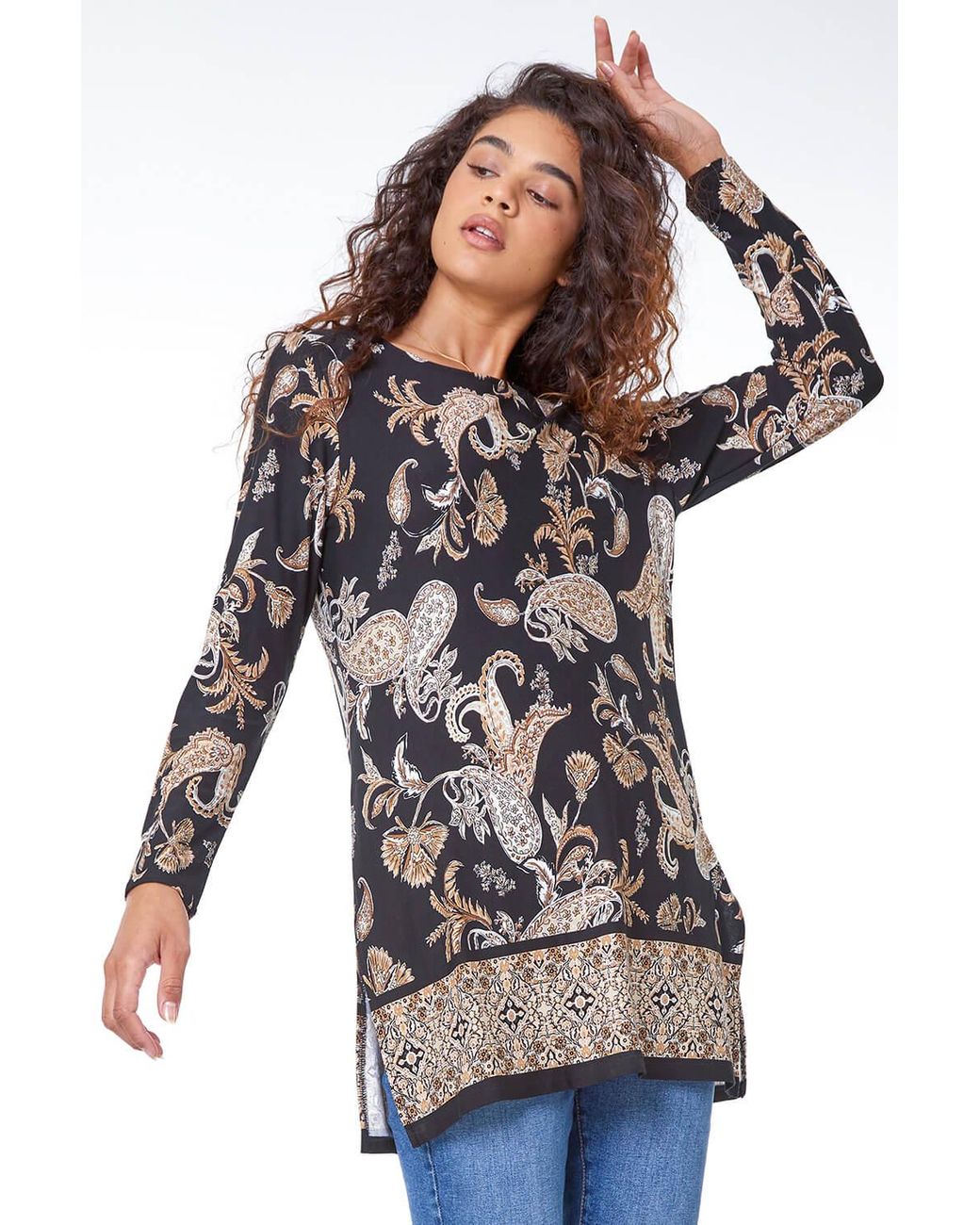 Roman Black Paisley Print Longline Stretch Tunic