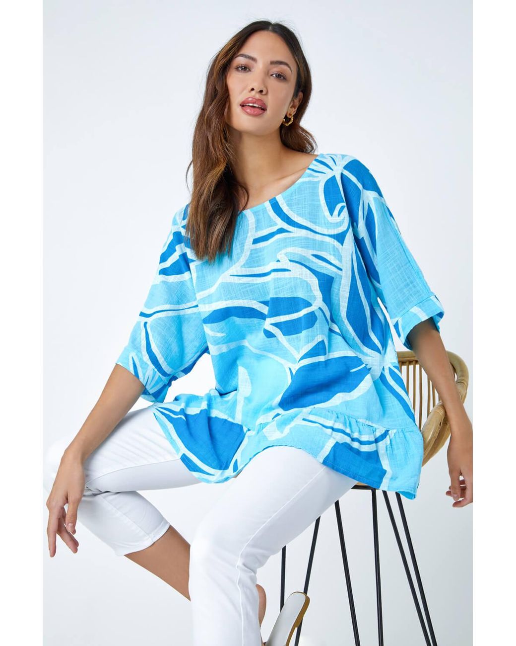 Roman Blue Cotton Oversized Floral Tunic Top