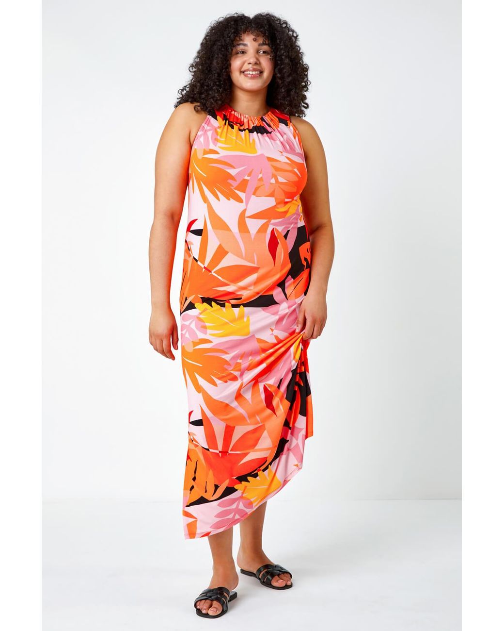 Roman Curve Orange Tropical Stretch Jersey Maxi Dress