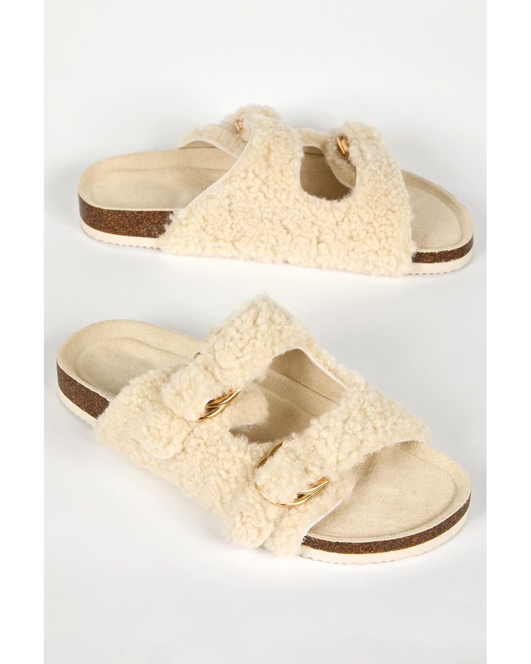 Roman Natural Faux Fur Double Buckle Slipper