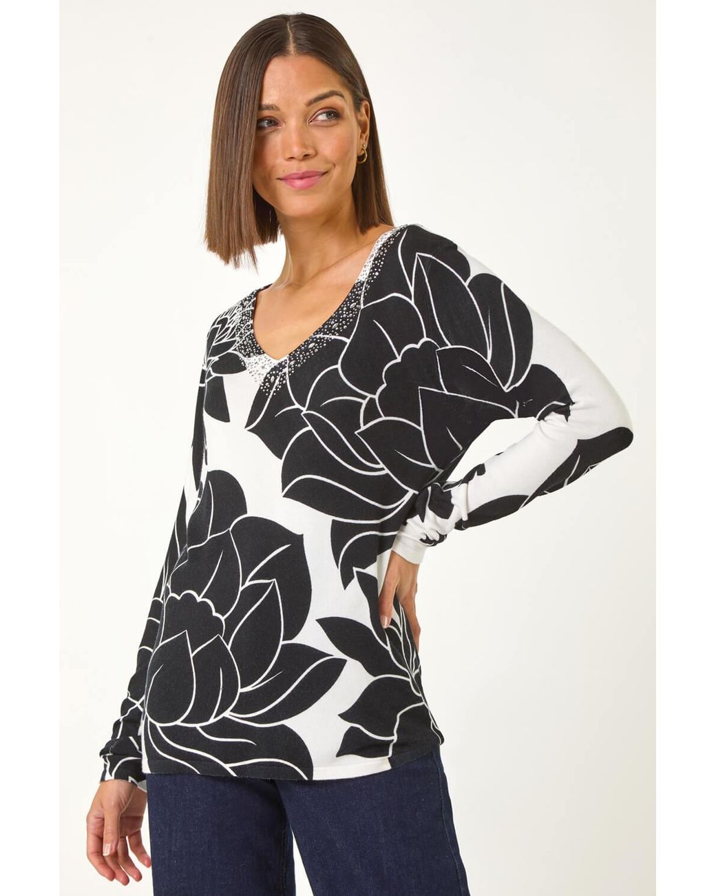 Roman Black Lilly Floral Print Knit Jumper