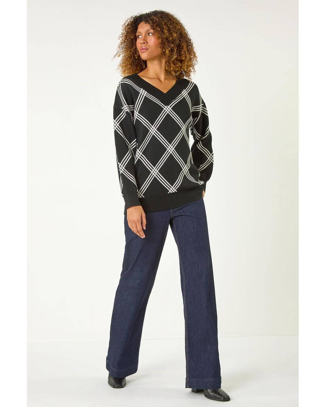 Roman Black Check Patterned V-Neck Knit Jumper