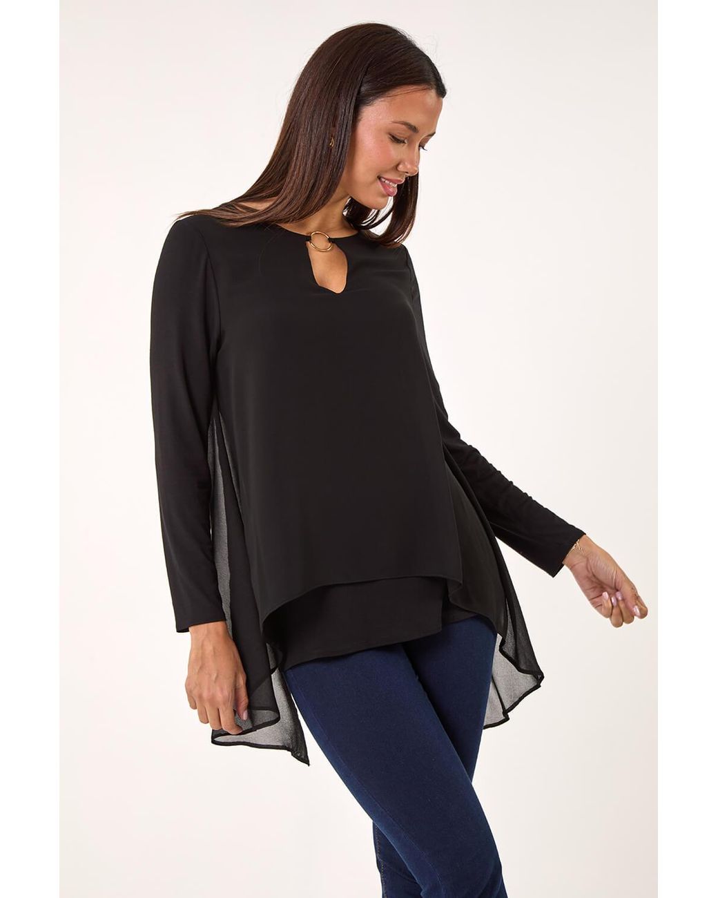 Roman Black Ring Front Chiffon Overlay Tunic