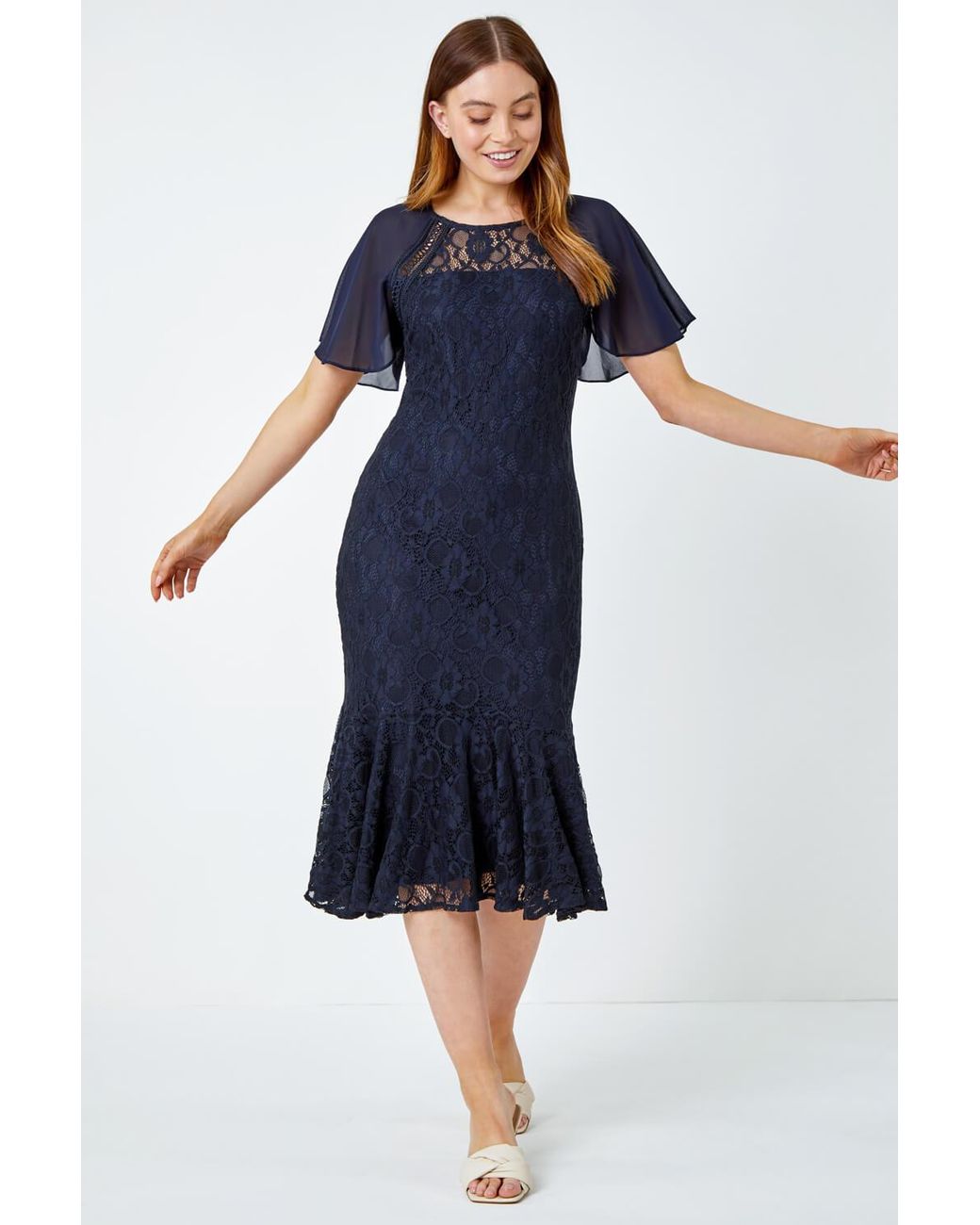 Roman Blue Chiffon Angel Sleeve Stretch Lace Midi Dress