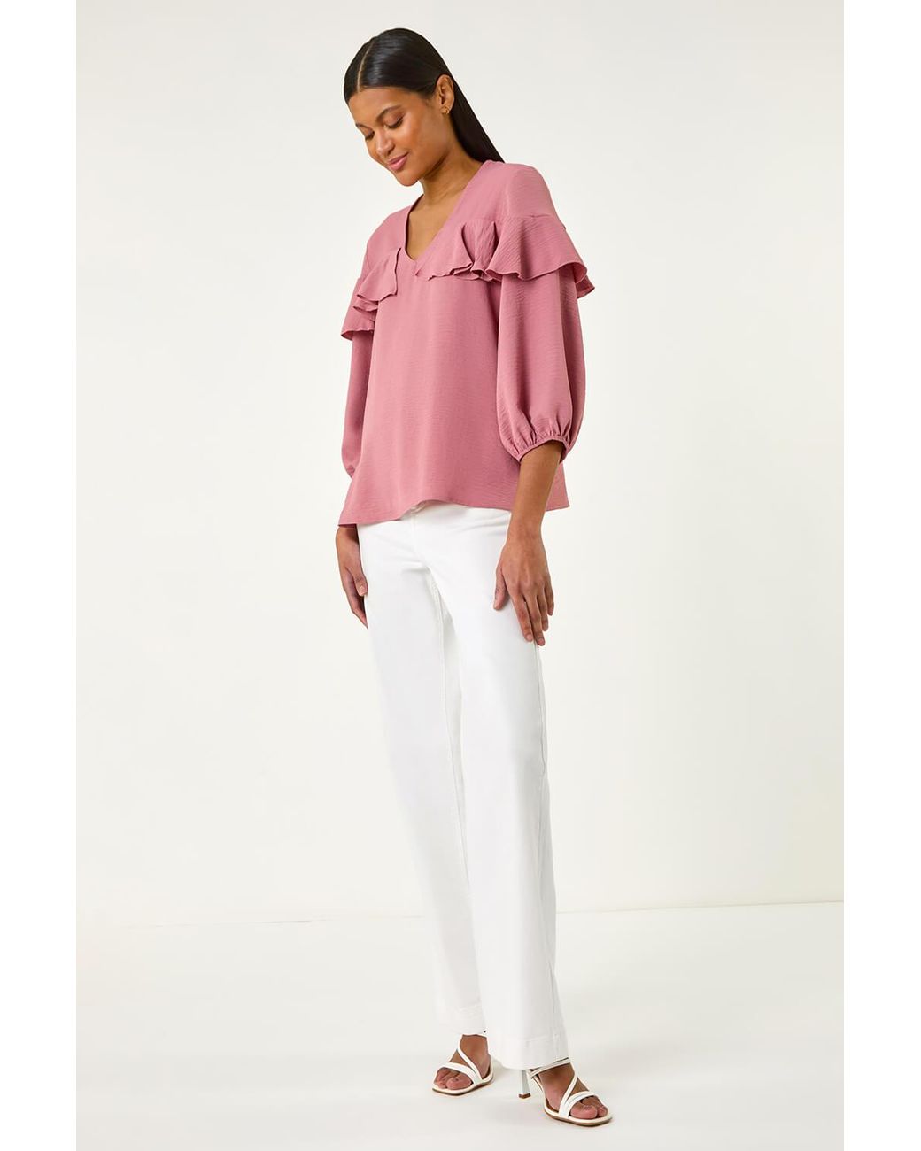 Roman Pink Frill Front Woven Top