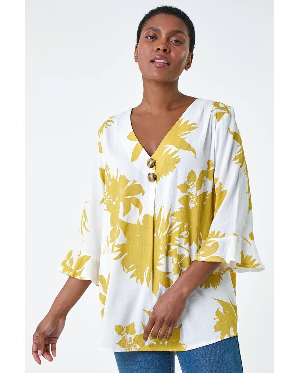 Roman White Floral Print Button Front Top