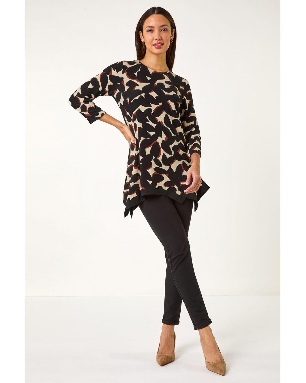 Roman Black Abstract Print Hanky Hem Tunic