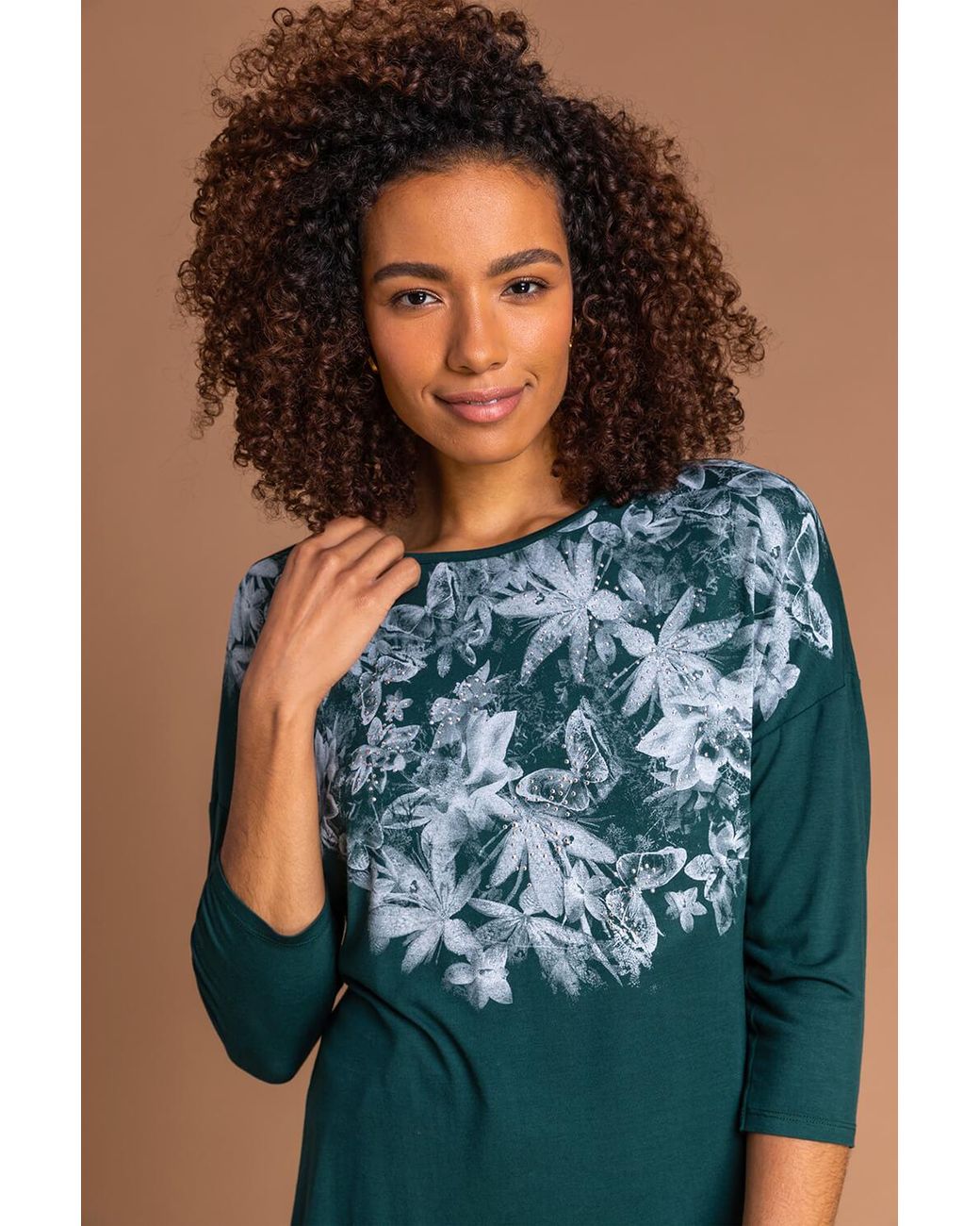 Roman Green Floral Butterfly Print Top