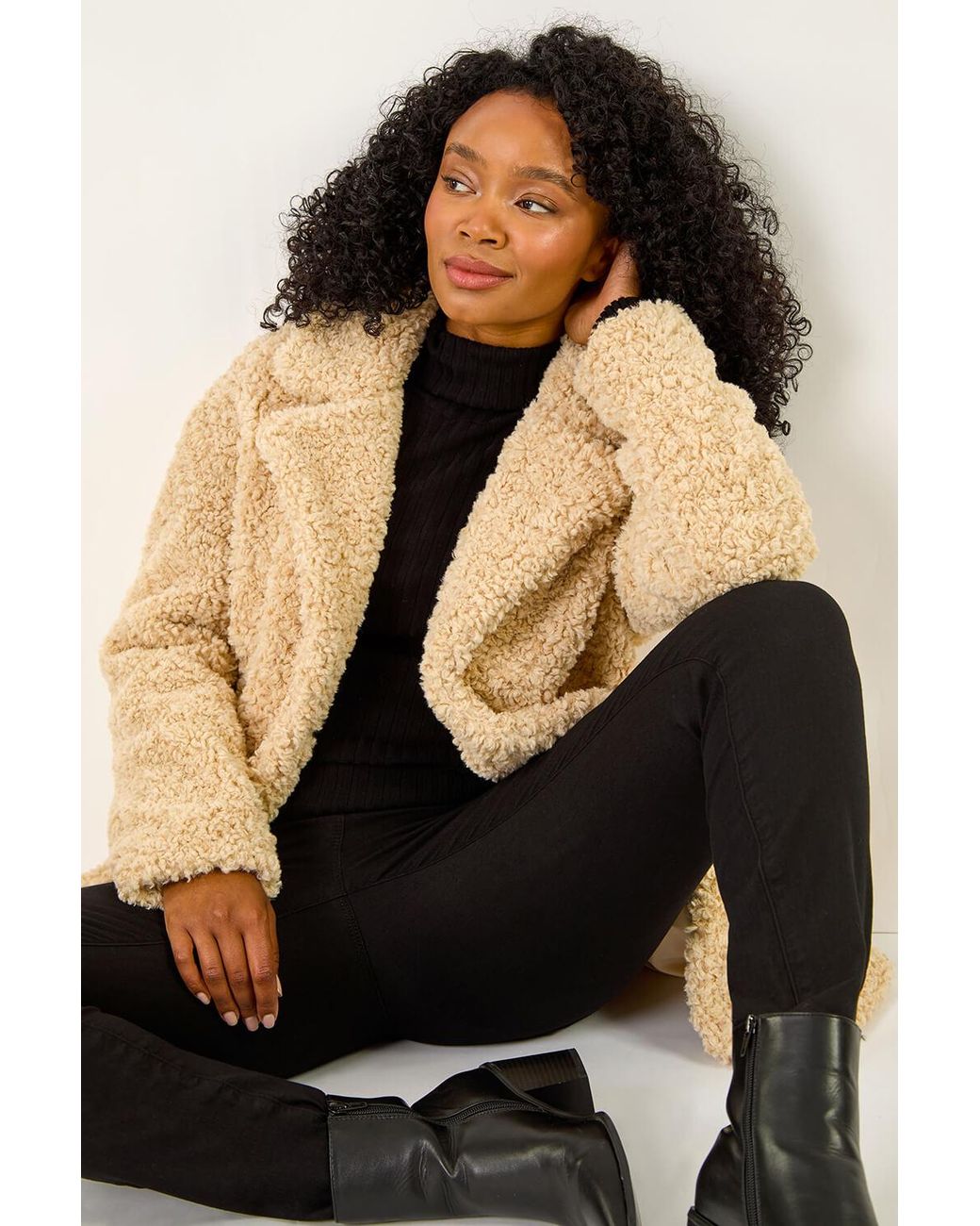 Roman Petite Black Teddy Longline Coat