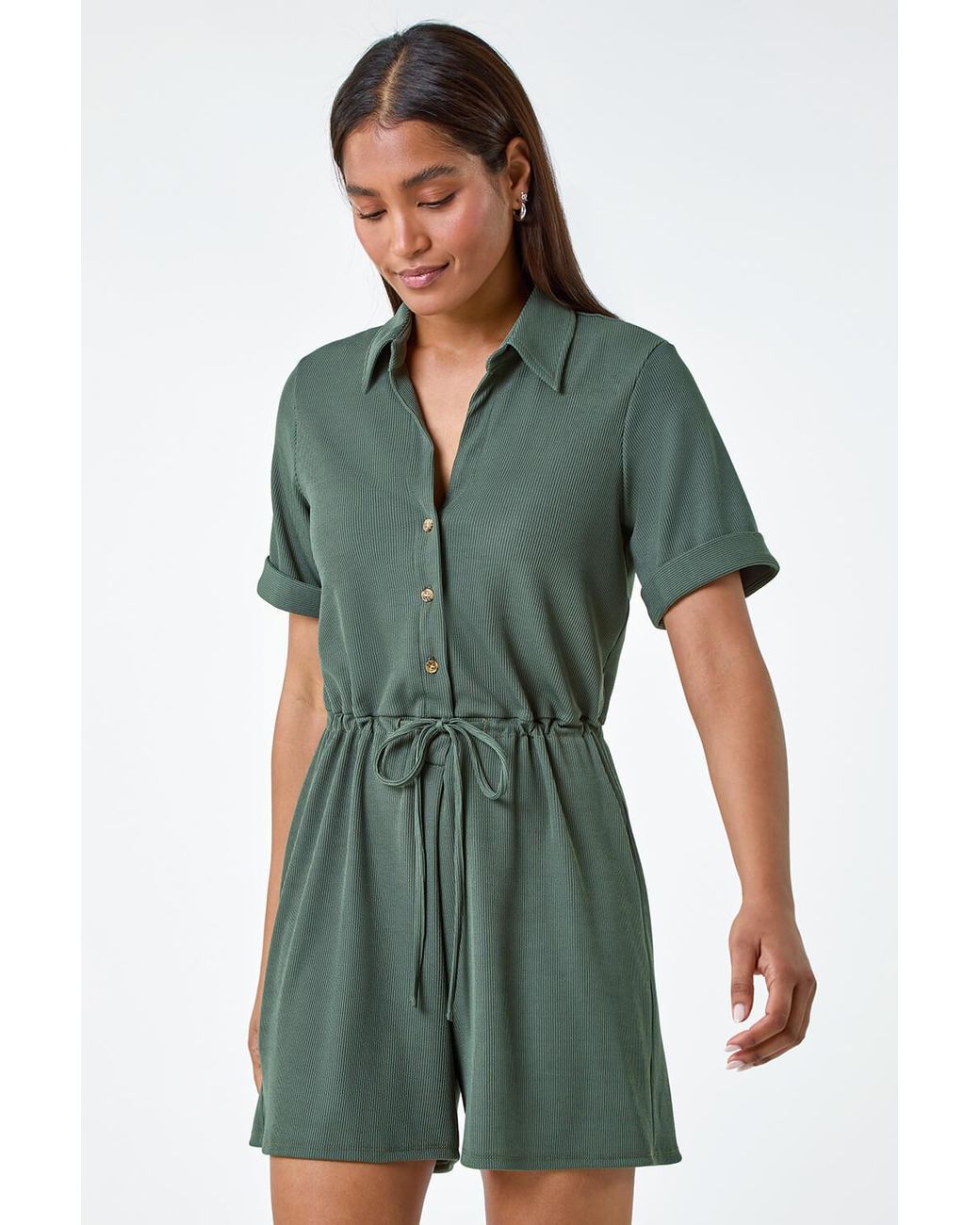 Roman Green Ribbed Stretch Playsuit