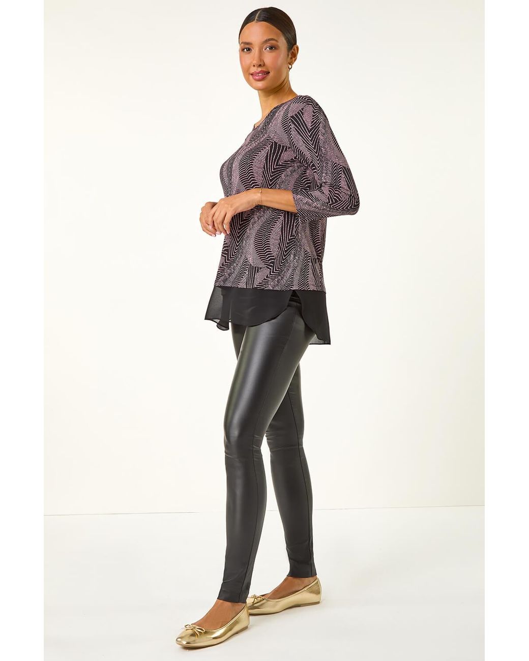 Roman Purple Printed Chiffon-Hem Blouse