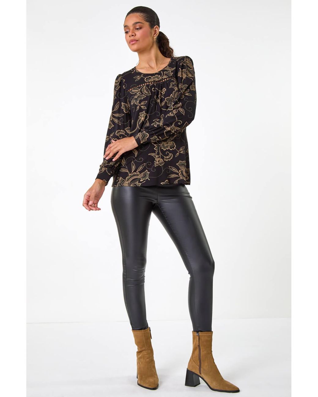 Roman Black Floral Print Trim Detail Stretch Top