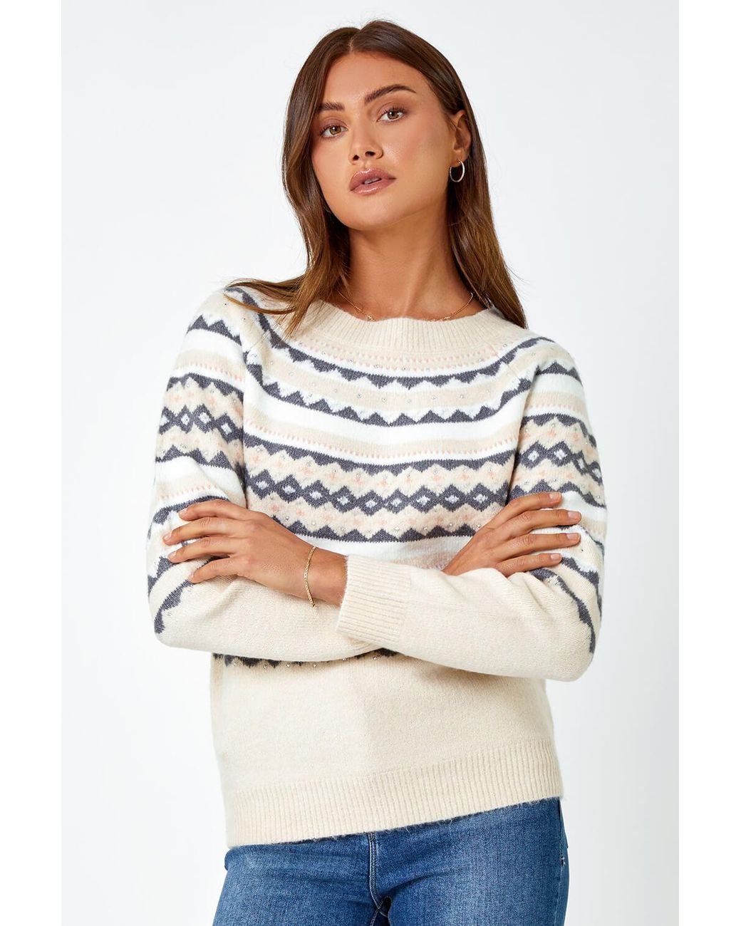 Roman Gray Embellished Fairisle Print Stretch Jumper