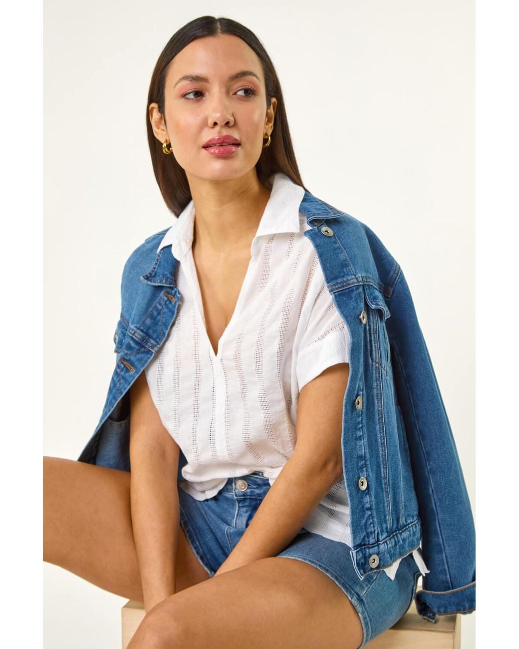 Roman Blue Textured Collar V-Neck Top