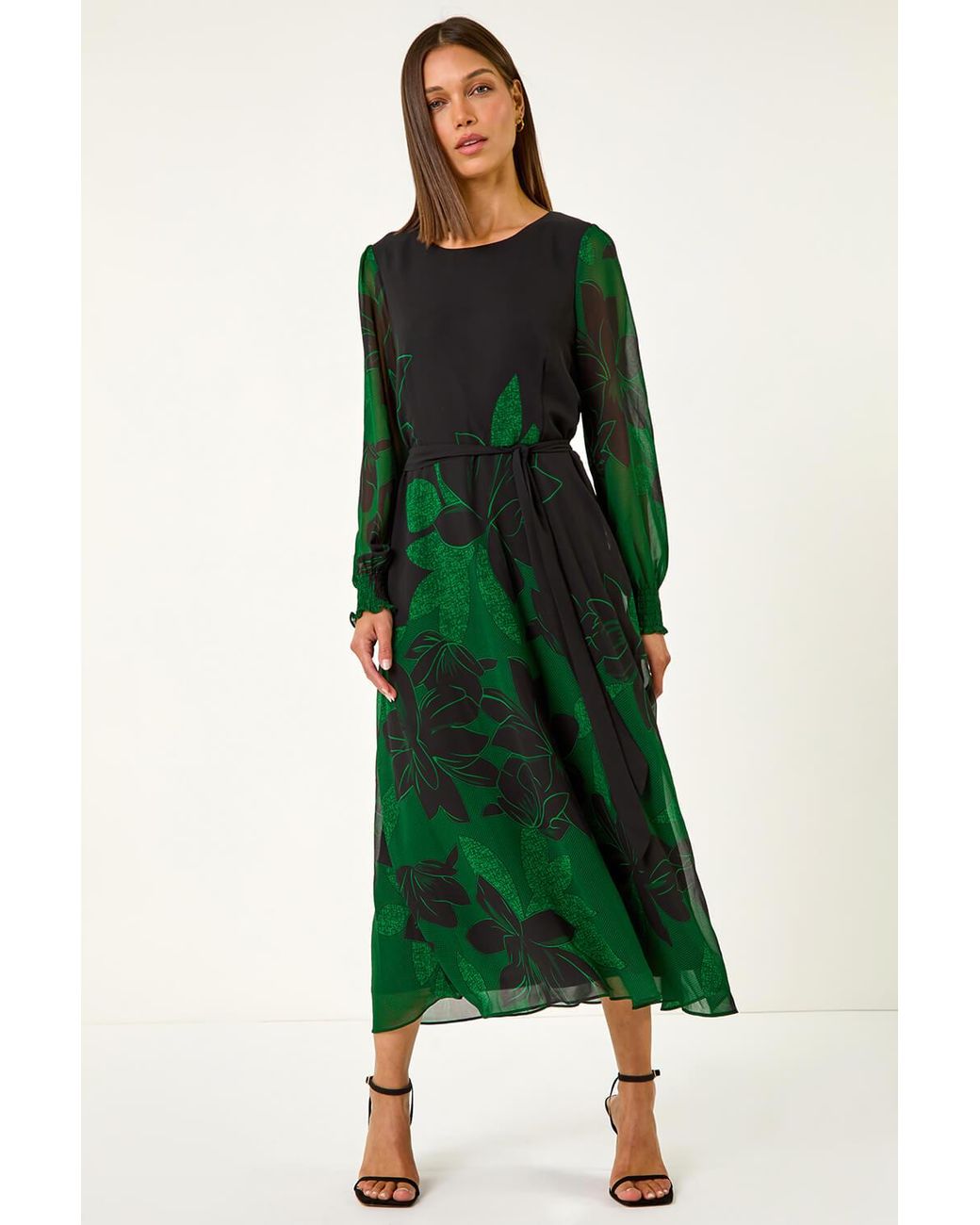 Roman Green Floral Print Shirred Midi Dress