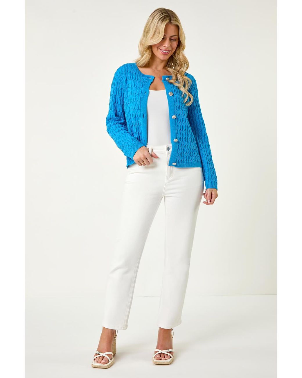 Roman Petite Blue Cable Knit Button Cardigan