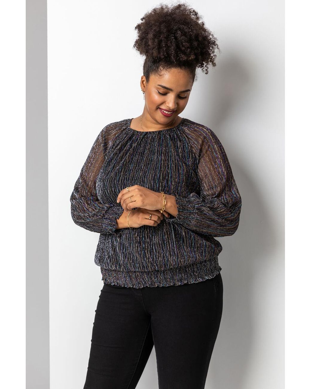 Roman Curve Multicolor Foil Shimmer Plisse Top