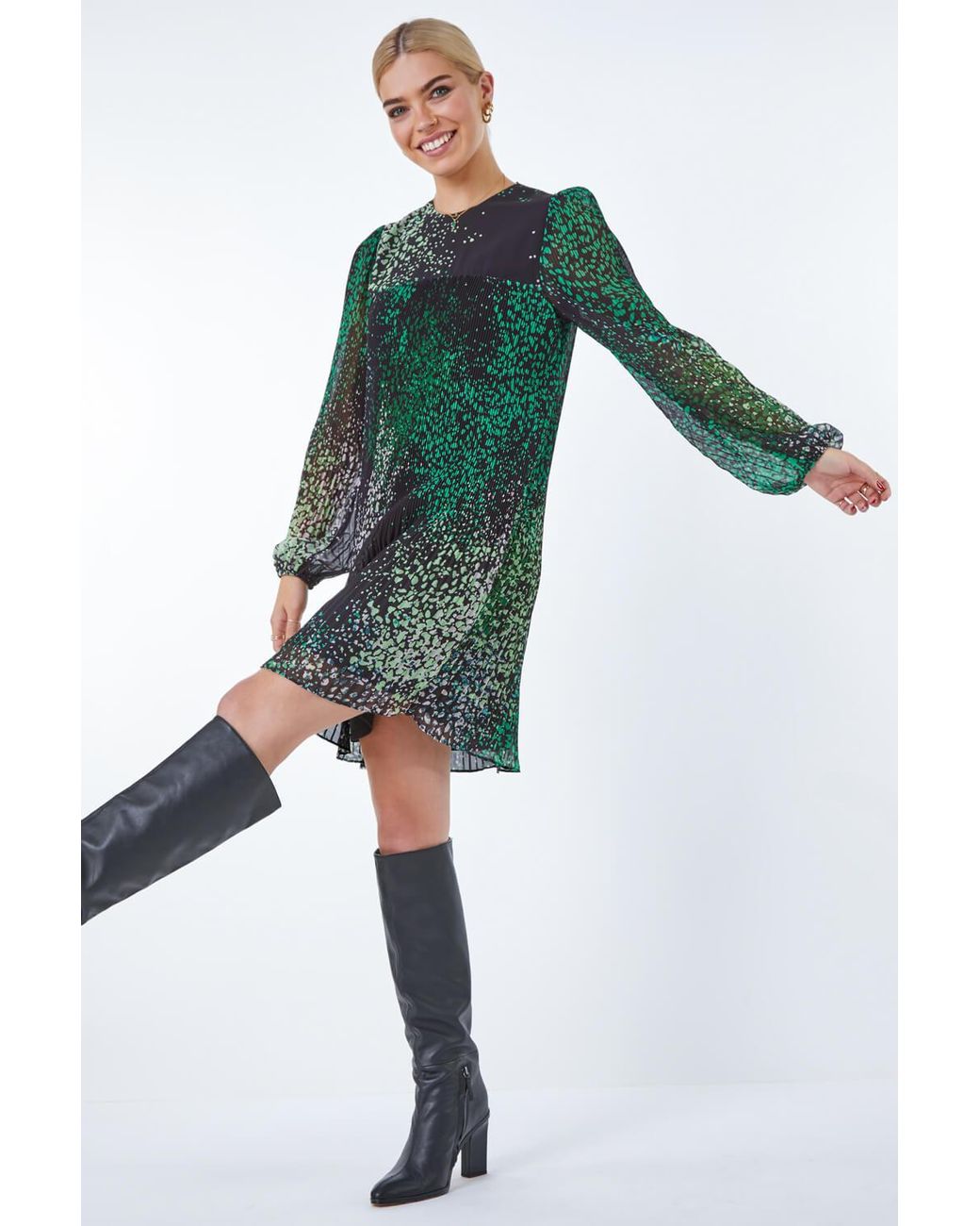 D.u.s.k Green Pebble Print Chiffon Plisse Swing Dress