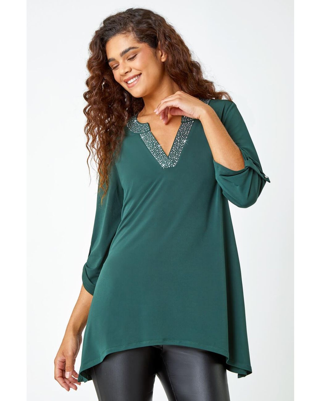 Roman Diamante Trim Tunic Stretch Top in Green Lyst UK