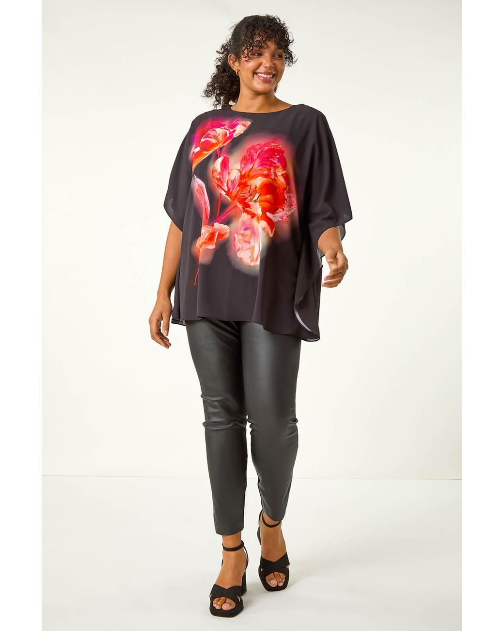 Roman Curve Red Floral Overlay Top