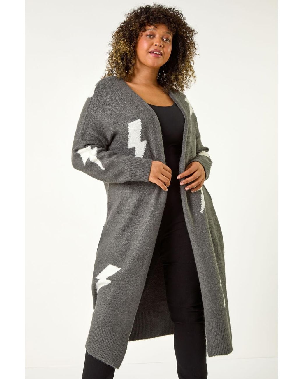 Roman Curve Black Printed Longline Cardigan