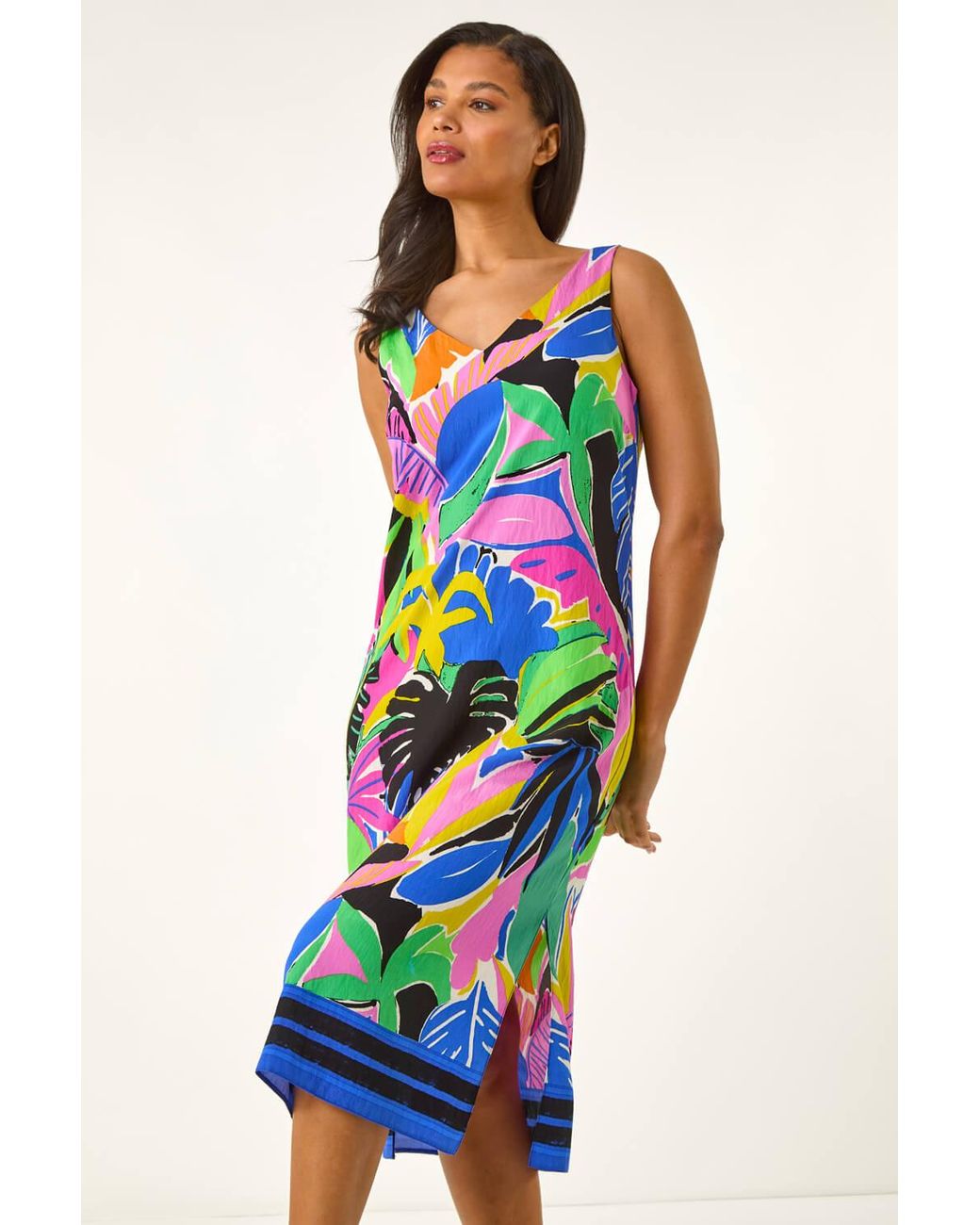 Roman White Tropical Print Midi Dress