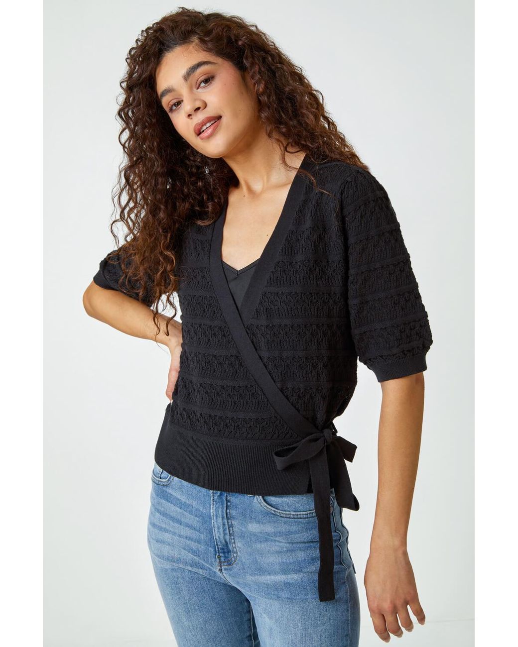 Roman Black Cotton Wrap Tie Detail Cardigan