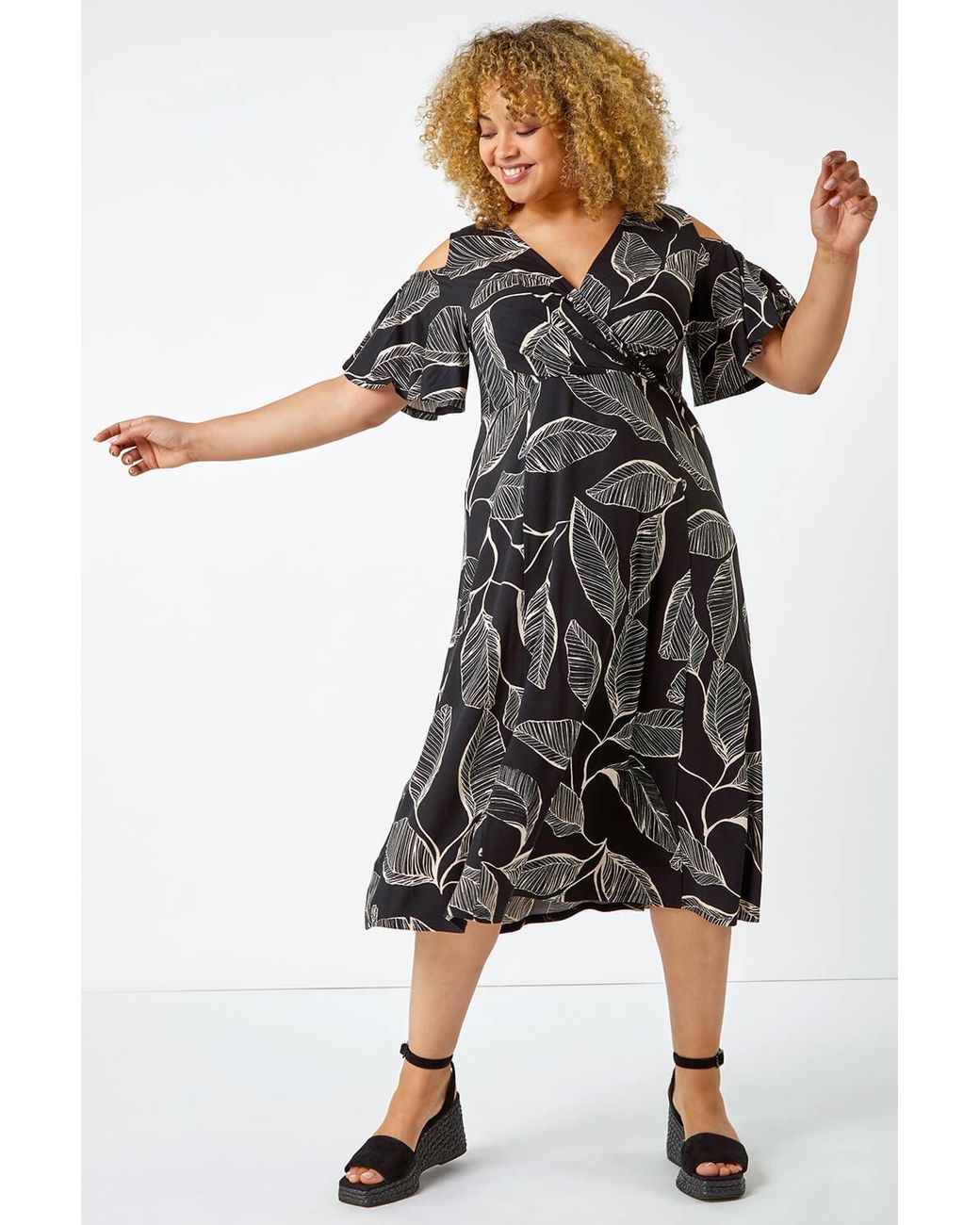 Roman Curve Black Cold Shoulder Floral Wrap Dress